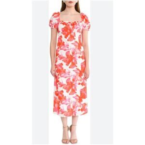 WAYF Midi Dress Felicity Pink Floral Print Short Puff Sleeve New